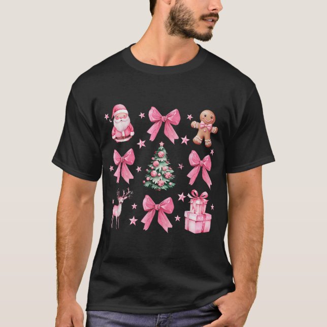 Coquette Bow Pink Weihnachtsbaum Santa Gingerbrot T-Shirt (Vorderseite)
