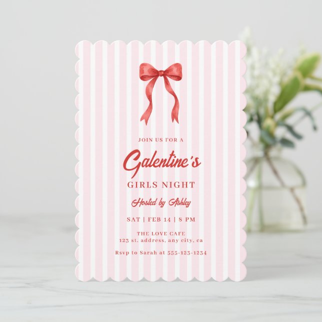Coquette Bow Red Pink Galentine's Party Einladung (Stehend Vorderseite)