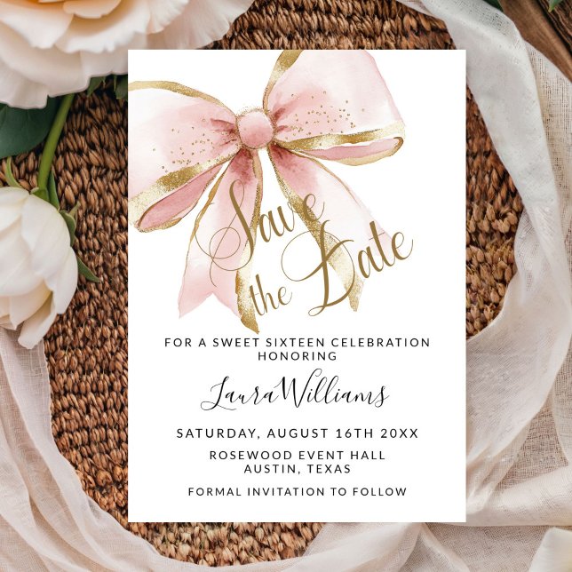 Coquette Bow Save The Date Sweet Sixteen Einladung (Elegant Pink and Gold Sweet Sixteen Save the Date Invitation)