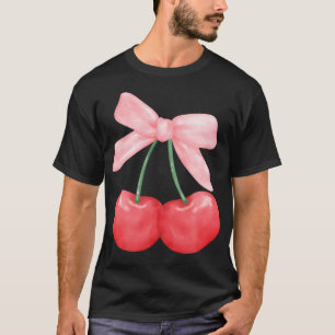 Coquette Bow Simple Pink Niedlich Girl Cherries T-Shirt