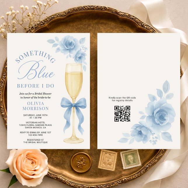 Coquette Bow Something Blue QR Code Bridal Shower  Einladung (Von Creator hochgeladen)