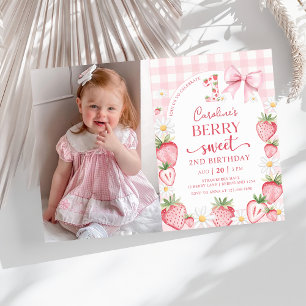 Coquette Bow Strawberry 2. Geburtstag Foto Einladung