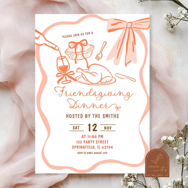 Coquette Bow Wavy Hand Drawing Friendsgiving Einladung (Von Creator hochgeladen)