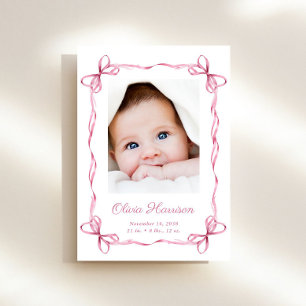 Coquette Bows Baby Girl Foto Birth Ankündigung