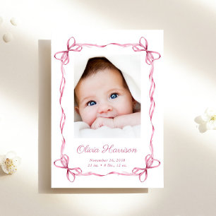 Coquette Bows Baby Girl Foto Birth Ankündigung