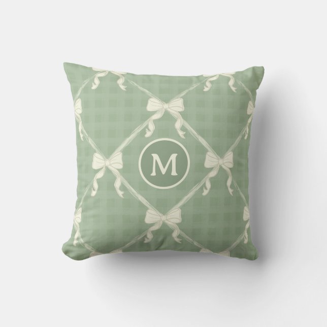Coquette Bows Gingham Monogram Cream Sage Green  Kissen (Vorderseite)