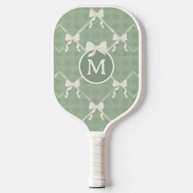 Coquette Bows Gingham Monogram Cream Sage Green  Pickleball Schläger (Vorderseite)
