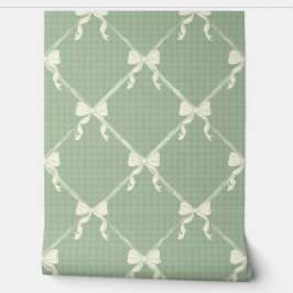Coquette Bows Gingham Pattern Cream Sage Green  Tapete