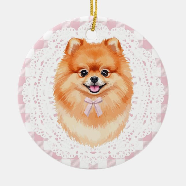 Coquette Brown Pomeranian Dog Pink Gingham Bows Keramik Ornament (Vorne)