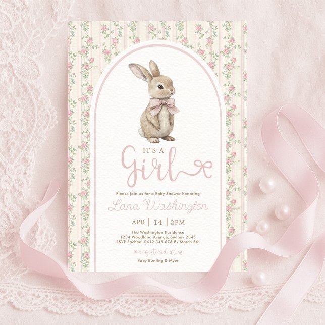Coquette Bunny Pink Bow Roses Girl Baby Shower Einladung (Von Creator hochgeladen)