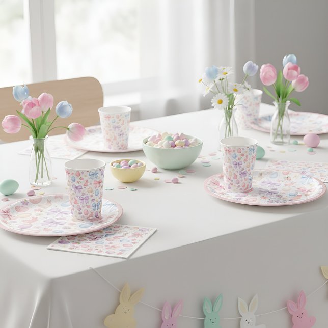 Coquette Bunny & Pink Bows Ostern-Papierplatten Pappteller (Whimsical watercolor bunnies & pink bows: a chic, coquette-inspired collection for a dreamy Easter.)