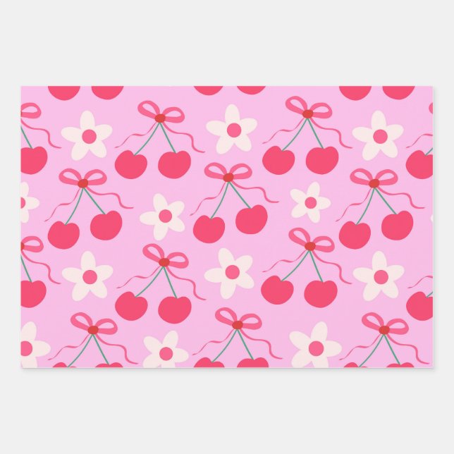 Coquette Cherries mit roten Bögen und weißen Blume Geschenkpapier Set (Vorderseite)