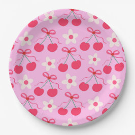 Coquette Cherries mit roten Bögen und weißen Blume Pappteller