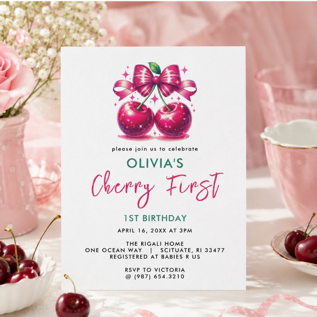 Coquette Cherry 1. Geburtstag Einladung (Watercolor Coquette Cherry 1st Birthday Invitation)