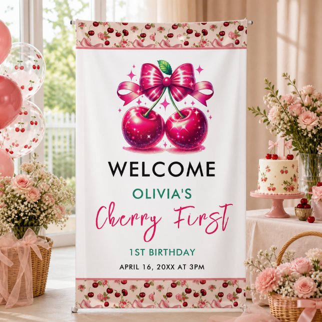Coquette Cherry 1. Geburtstag Party Banner (Watercolor Coquette Cherry 1st Birthday Party Banner)