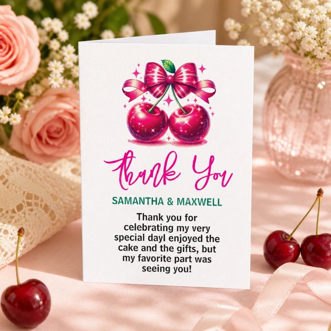Coquette Cherry 1. Geburtstag Party Dankeskarte (Watercolor Coquette Cherry 1st Birthday Party Thank You Card)