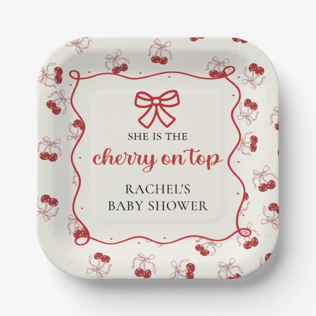 Coquette Cherry auf Top Baby Dusche Papier Teller (Vorderseite)