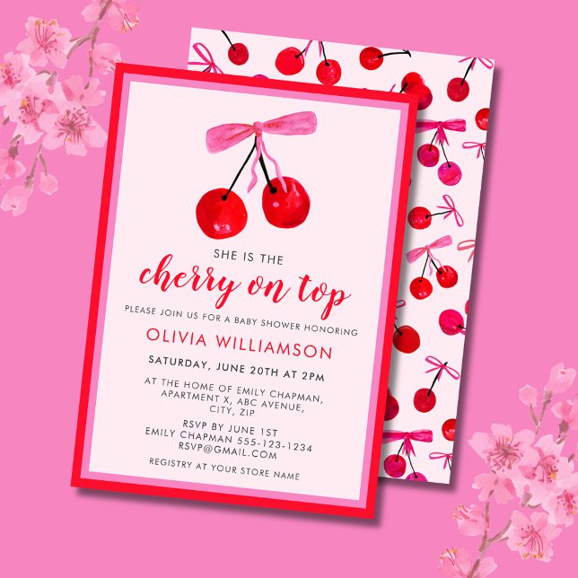 Coquette Cherry auf Top Girls Baby Dusche Einladung (Cherry on Top Baby Shower invitation with coquette cherries and pink ribbon bow)
