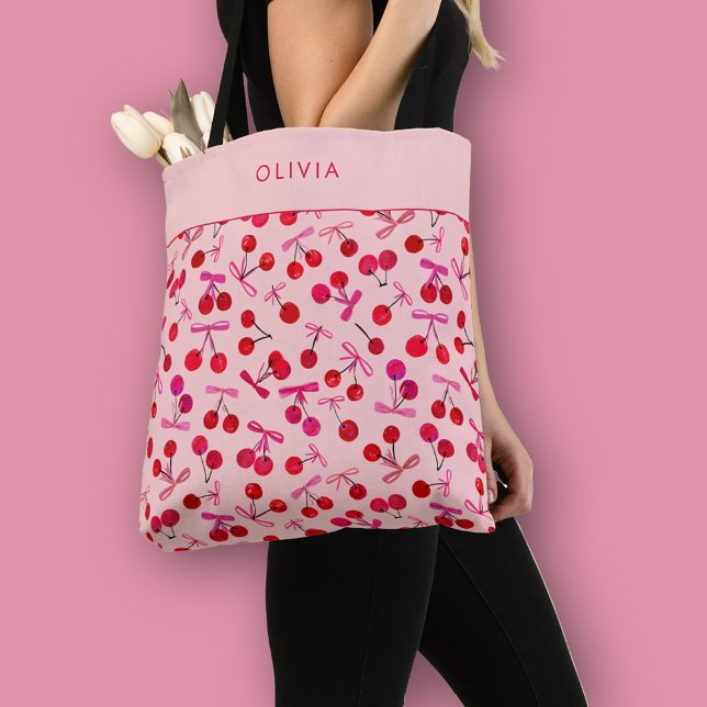Coquette Cherry & Bow (Coquette cherry and bow girly pattern tote bag. Personalize with your own name or initials.)