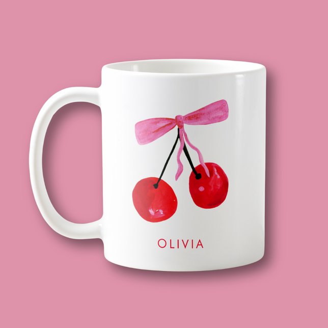 Coquette Cherry & Bow Kaffeetasse (Coquette cherry and bow girly coffee mug. Personalize with your own name or initials.)