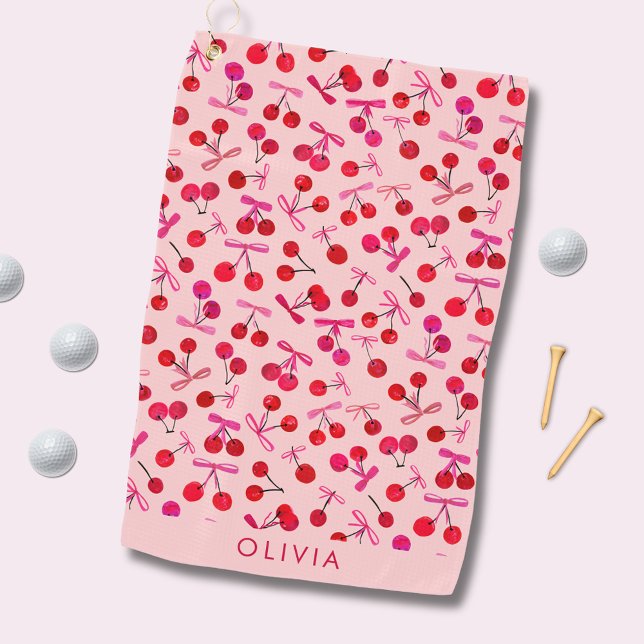Coquette Cherry & bow pattern Golfhandtuch (Coquette cherry and bow girly pattern pink golf towel. Personalize with your own name or initials.)