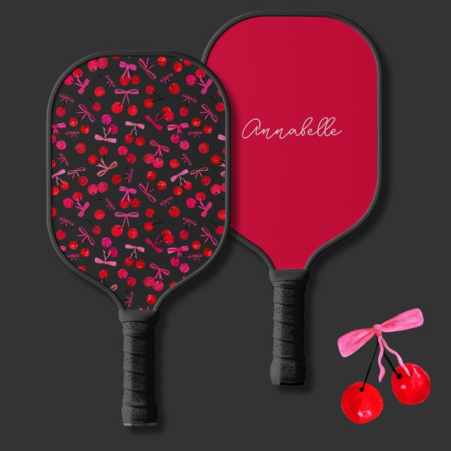 Coquette Cherry & bow pattern Pickleball Schläger (Coquette cherry and bow girly pattern personalized pickleball paddle, dark great background.)
