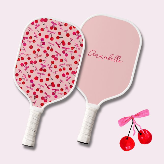 Coquette Cherry & bow pattern Pickleball Schläger (Coquette cherry and bow girly pattern pink pickleball paddle. Personalize with own name or initials.)