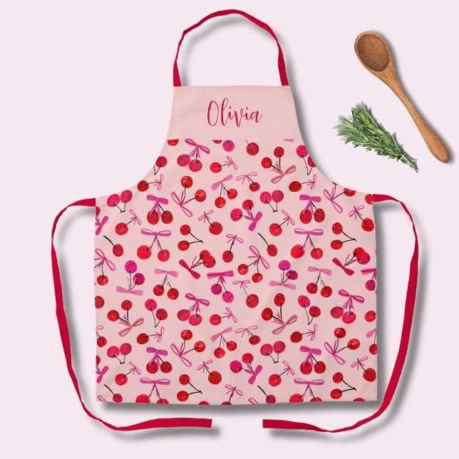 Coquette Cherry & bow pattern Schürze (Coquette cherry and bow girly pattern pink kitchen apron. Personalize with your own name or initials)