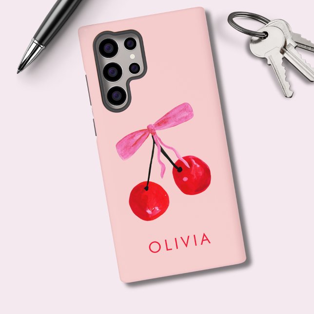 Coquette Cherry & Bow Samsung Galaxy Hülle (Coquette cherry and bow girly Samsung phone case. Personalize with your own name or initials.)