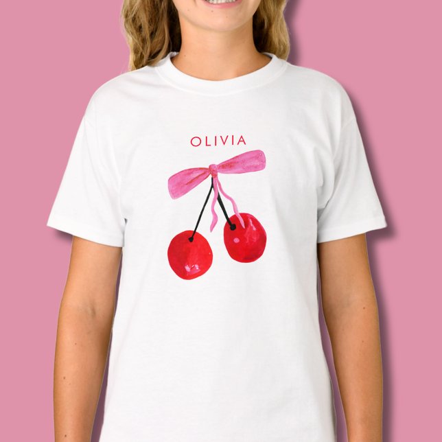 Coquette Cherry & Bow T-Shirt (Coquette cherry and bow girly t-shirt. Personalize with your own name or initials.)