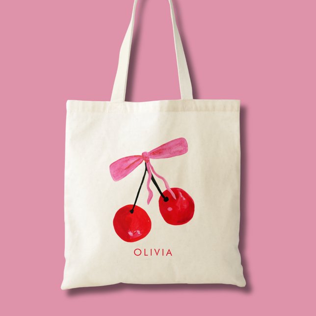 Coquette Cherry & Bow Tragetasche (Coquette cherry and bow girly tote bag. Personalize with your own name or initials.)