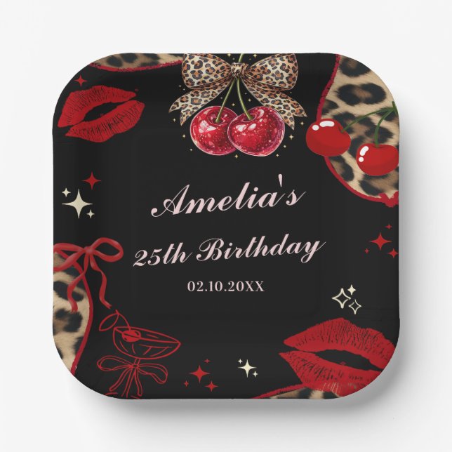 Coquette Cherry Cheetah Birthday Party Pappteller (Vorderseite)
