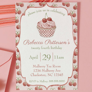 Coquette Cherry Cupcake Watercolor Geburtstagspart Einladung