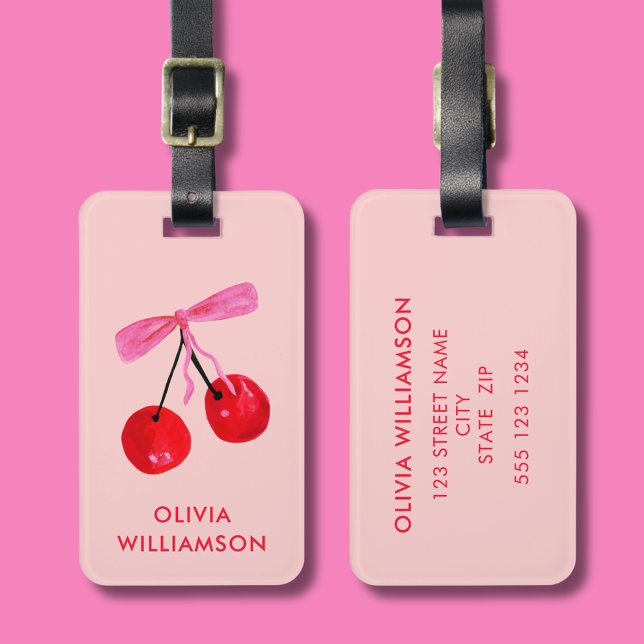 Coquette Cherry & Pink Bow Gepäckanhänger (Cherry & pink bow coquette aesthetic personalized luggage tag)