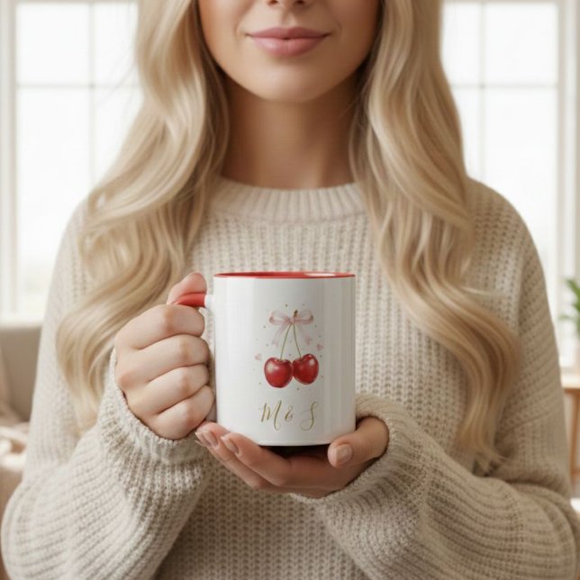 Coquette Cherry Pink Bow Mug Personalized Initials Tasse (Von Creator hochgeladen)