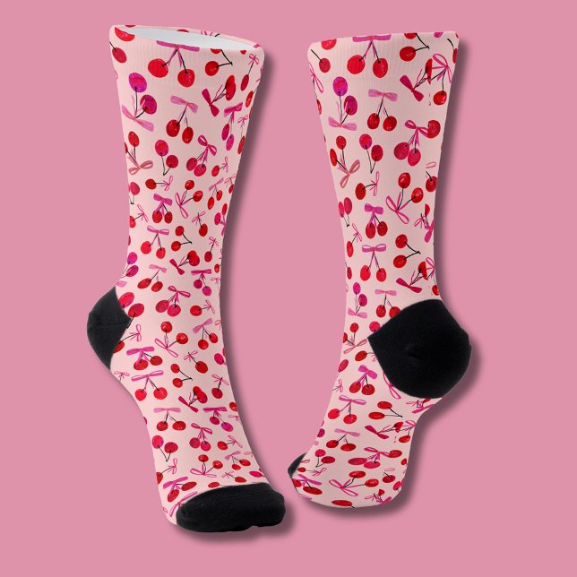 Coquette Cherry & Pink Bow Muster Socken (Cute cherry & bow, coquette aesthetic patterned socks)