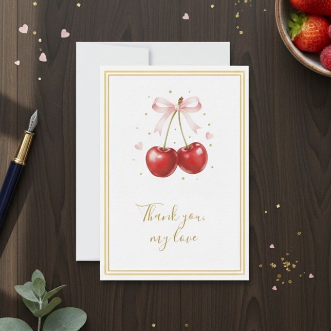 Coquette Cherry Thank You Card Pink Bow Gold Dankeskarte (Von Creator hochgeladen)