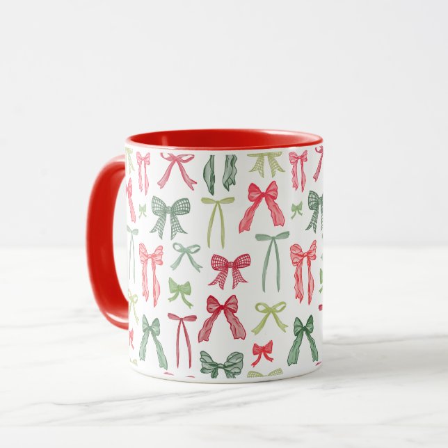 Coquette Christmas Bows Mug – Vintage Red & Green Tasse (Vorderseite Links)