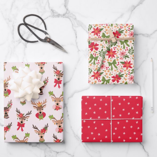 Coquette Christmas Preppy Rentier Geschenkpapier Set (Vorderseite)