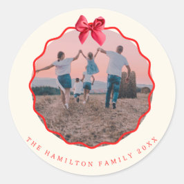 Coquette Christmas Red Bow Wavy Foto Runder Aufkleber