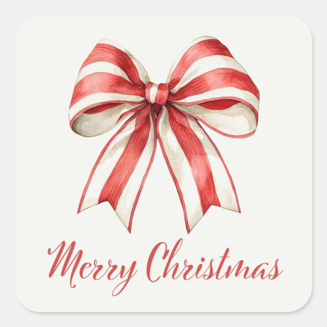 Coquette Christmas Red & White Candy Cane Bow Quadratischer Aufkleber (Vorderseite)