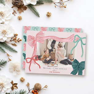Coquette-Core Red Green Bows Pink Weihnachtsfest F Feiertagskarte