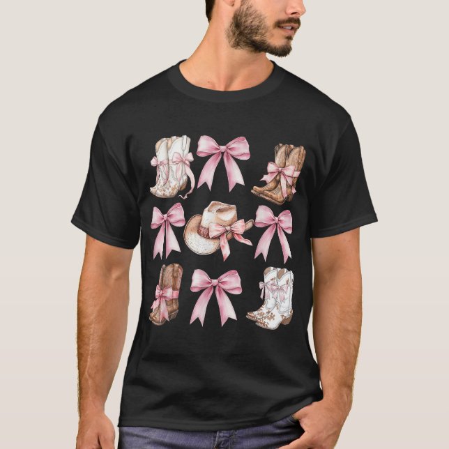 Coquette Cowgirl Stiefel mit rosa Bögen Ästhetik T-Shirt (Vorderseite)