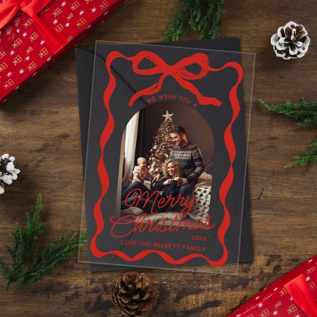 Coquette Curvy Ribbon & Bow Retro Christmas Photo Acryleinladungen (Von Creator hochgeladen)