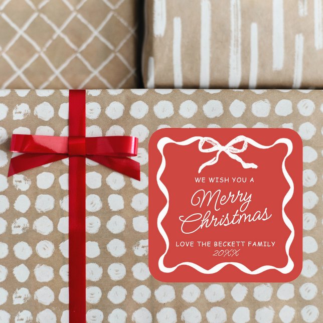 Coquette Curvy Ribbon & Bow Retro Merry Christmas Quadratischer Aufkleber (Von Creator hochgeladen)