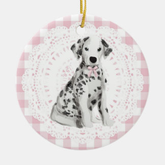 Coquette Dalmation Dog Pink Gingham Bows Keramik Ornament