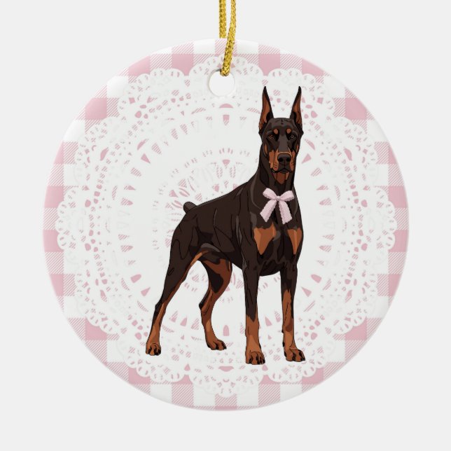 Coquette Doberman Pinscher Pink Gingham Bows Keramik Ornament (Vorne)