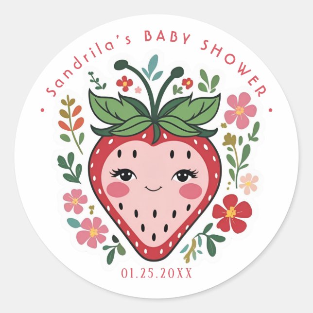 Coquette Erdbeere Baby Shower  Runder Aufkleber (Vorderseite)