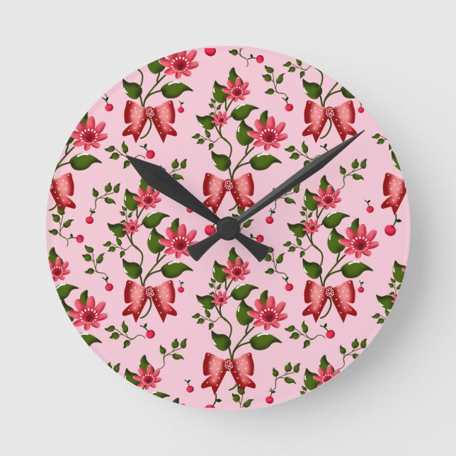  Coquette  floral Bow Pattern Wallpaper Runde Wanduhr (Vorderseite)