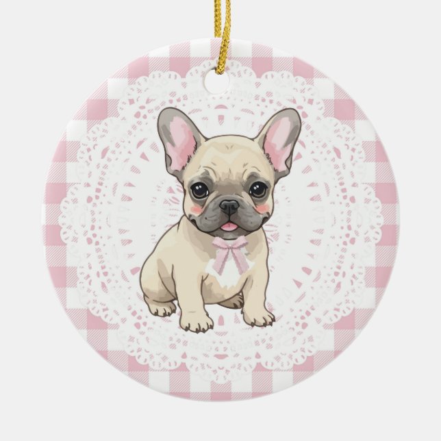 Coquette French Bulldog Dog Art Pink Gingham Bows Keramik Ornament (Vorne)